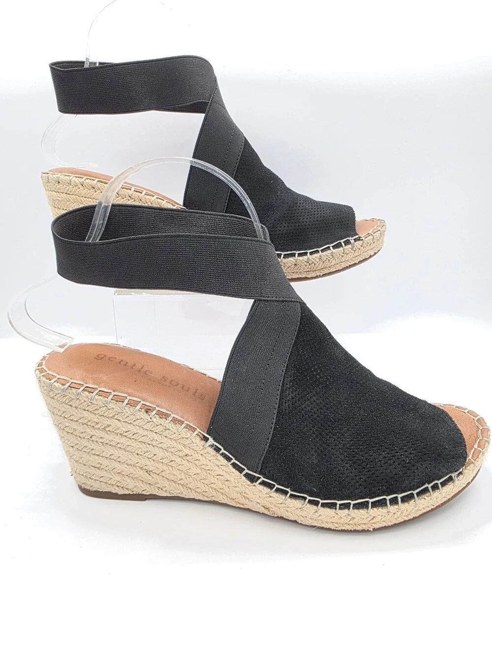 Gentle Souls Kenneth Cole Espadrille Wedge Sandals Black Leather Size 10 Comfort